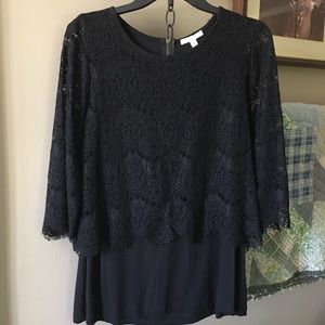 NOT FOR SALE****Black tank top with a black lace overlay. Really cool top!. EUC